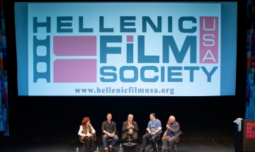 The creative team behind the Costa-Gavras (center) film, ADULTS IN THE ROOM, interviewed by film historian Foster Hirsch (far right).
