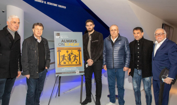 Members of the championship Greek National soccer team at a screening of KING OTTO: Goalkeeper Antonios Nikopolidis, coach "King" Otto Rehhagel, director Christopher Andre Marks, assistant coach Ioannis Topalidis, midfielder Giorgos Karagounis, and HFS president Jimmy DeMetro.